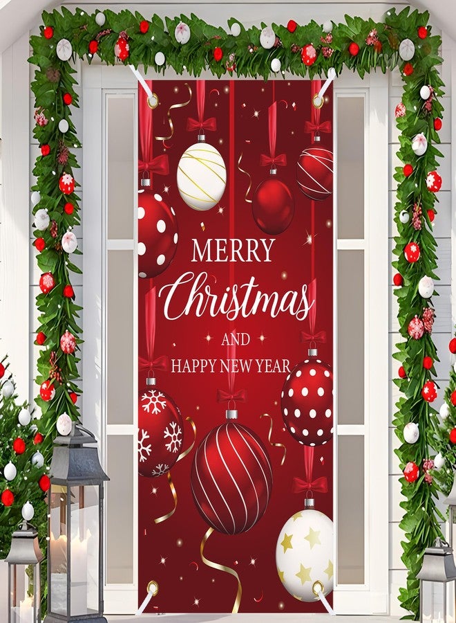 Maniaacer Christmas Door Cover Merry Christmas Fabric Front Door Banner Xmas Ball Backdrop Doors Decoration for New Year Holiday Indoor Outdoor Decorations, 70.9 x 35.4 Inch - Image 1